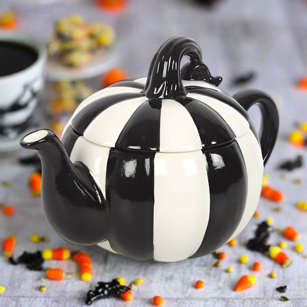 Black and White Striped Pumpkin Tea Pot