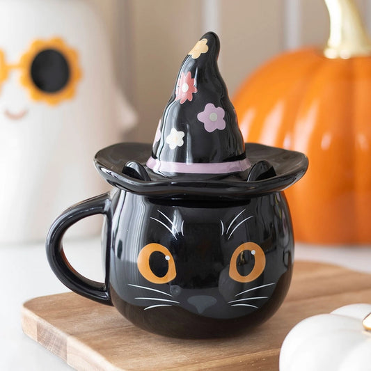 Groovy Witch Cat Lidded Hallowen Mug